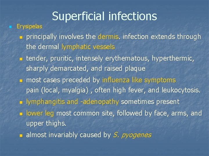 n Erysipelas n n n Superficial infections principally involves the dermis. infection extends through