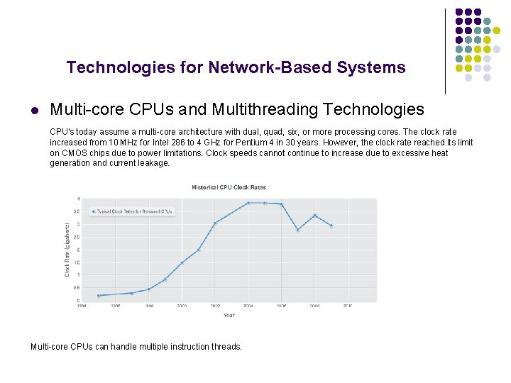 Technologies for Network-Based Systems l Multi-core CPUs and Multithreading Technologies CPU’s today assume a