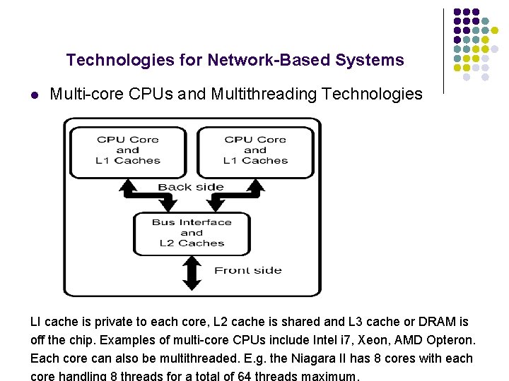 Technologies for Network-Based Systems l Multi-core CPUs and Multithreading Technologies LI cache is private