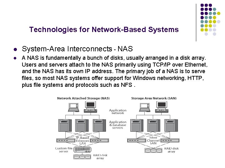 Technologies for Network-Based Systems l System-Area Interconnects - NAS l A NAS is fundamentally