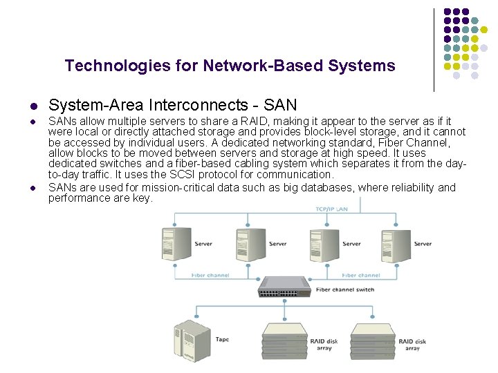 Technologies for Network-Based Systems l l l System-Area Interconnects - SANs allow multiple servers