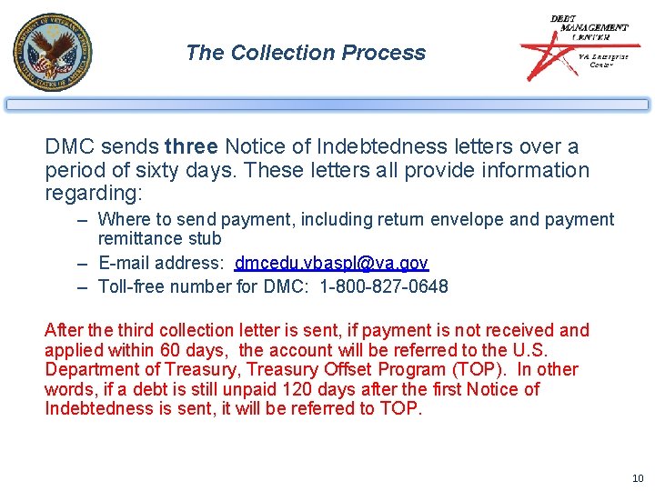 The Collection Process DMC sends three Notice of Indebtedness letters over a period of