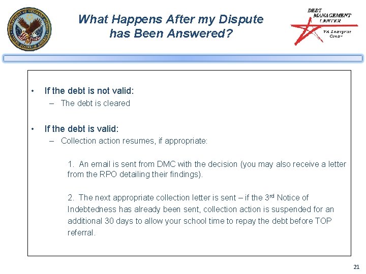 What Happens After my Dispute has Been Answered? • If the debt is not