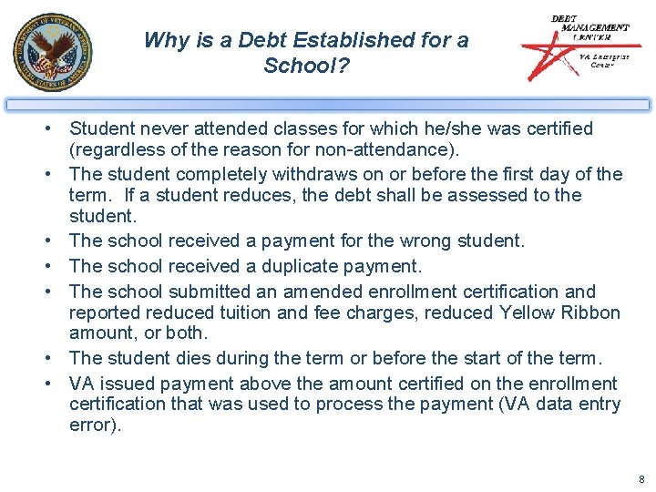 Why is a Debt Established for a School? • Student never attended classes for