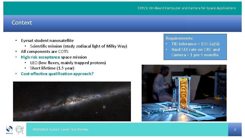 ESR 15: On-Board Computer and Camera for Space Applications Context • Eyesat student nanosatellite