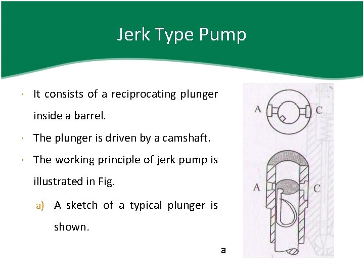 Jerk Type Pump It consists of a reciprocating plunger inside a barrel. The plunger