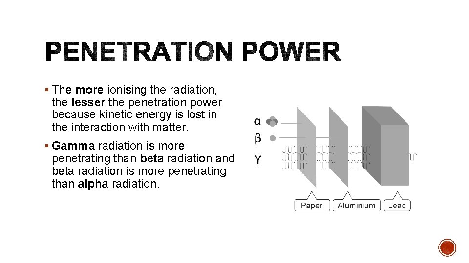 § The more ionising the radiation, the lesser the penetration power because kinetic energy