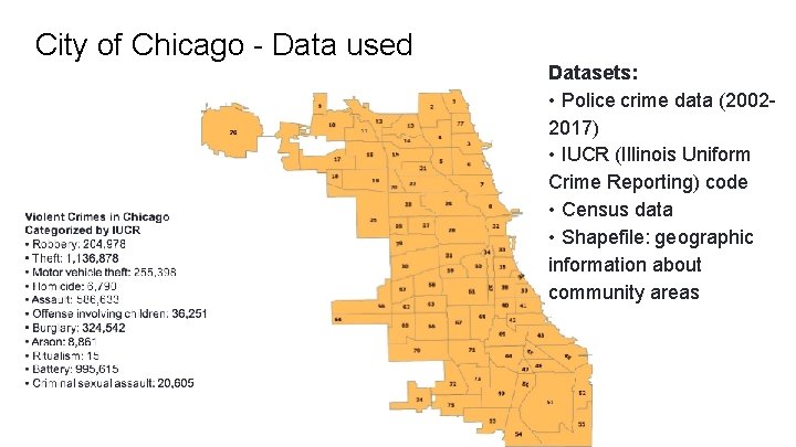 City of Chicago - Data used Datasets: • Police crime data (20022017) • IUCR