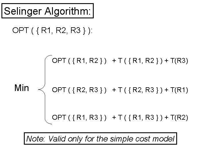 Selinger Algorithm: OPT ( { R 1, R 2, R 3 } ): OPT