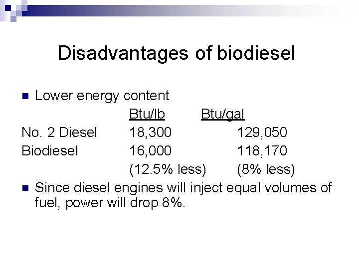 Disadvantages of biodiesel Lower energy content Btu/lb Btu/gal No. 2 Diesel 18, 300 129,
