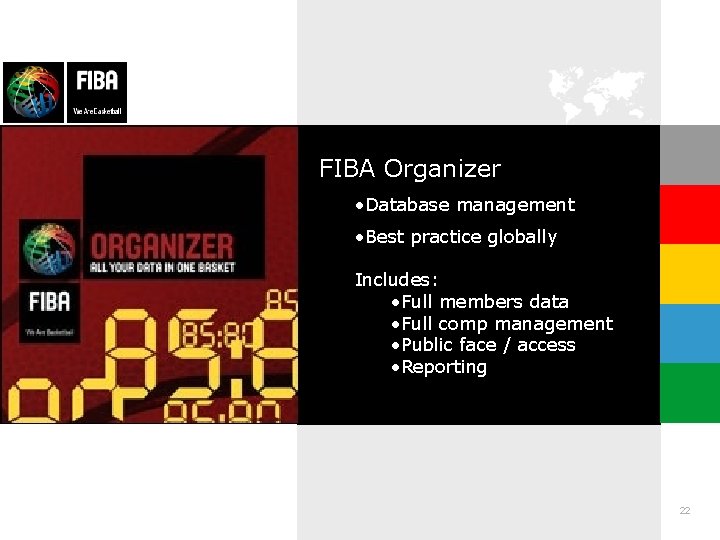 FIBA Organizer • Database management • Best practice globally Includes: • Full members data