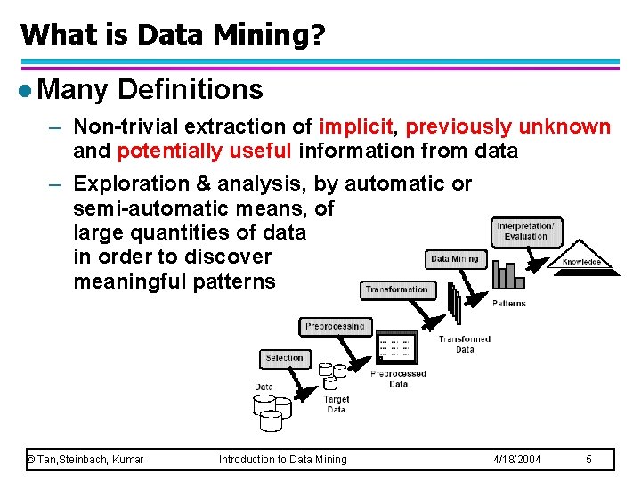 What is Data Mining? l Many Definitions – Non-trivial extraction of implicit, previously unknown