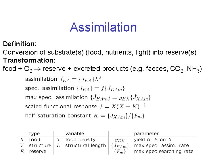 Assimilation Definition: Conversion of substrate(s) (food, nutrients, light) into reserve(s) Transformation: food + O