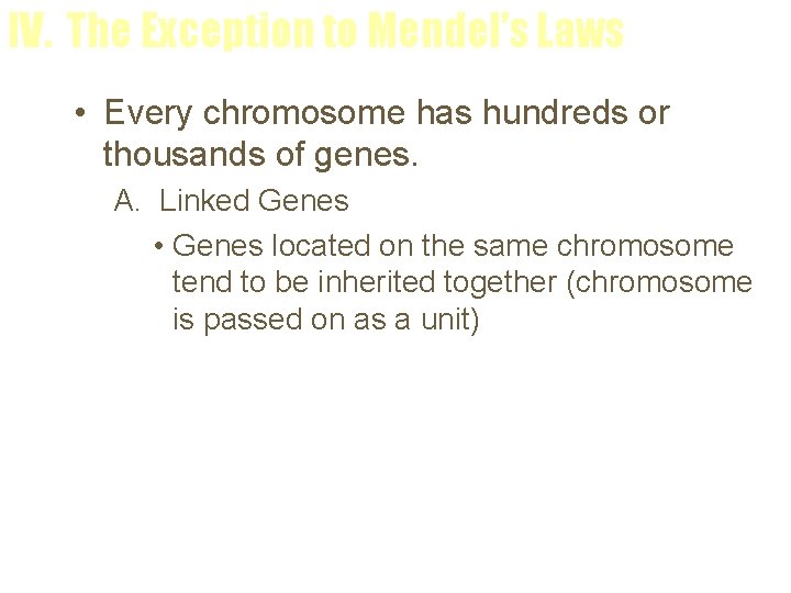 IV. The Exception to Mendel’s Laws • Every chromosome has hundreds or thousands of