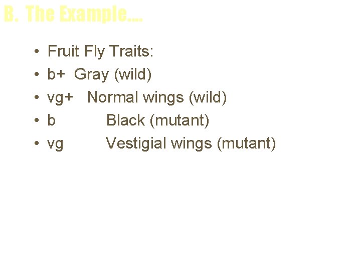 B. The Example. . • • • Fruit Fly Traits: b+ Gray (wild) vg+