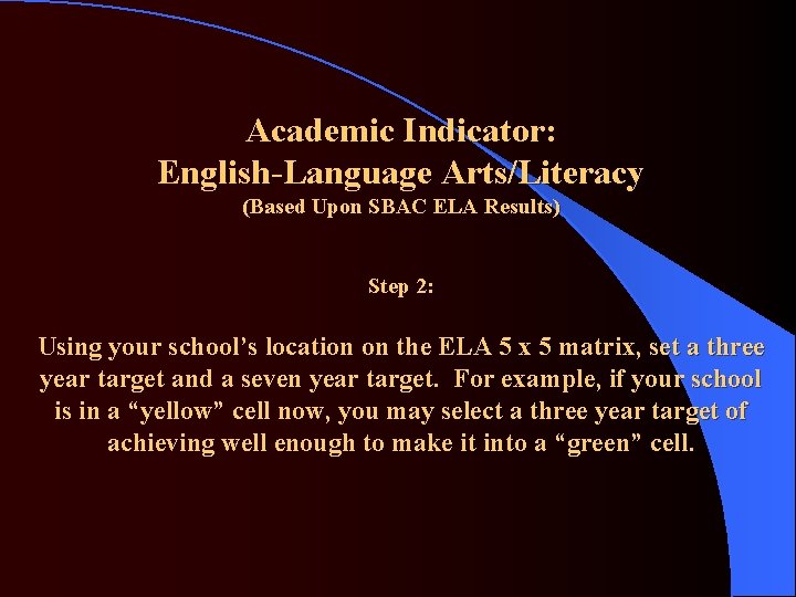 Academic Indicator: English-Language Arts/Literacy (Based Upon SBAC ELA Results) Step 2: Using your school’s
