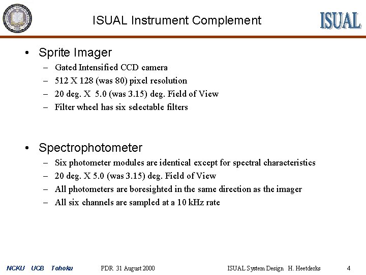 ISUAL Instrument Complement • Sprite Imager – – Gated Intensified CCD camera 512 X