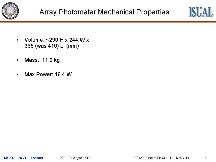 Array Photometer Mechanical Properties NCKU • Volume: ~290 H x 244 W x 395