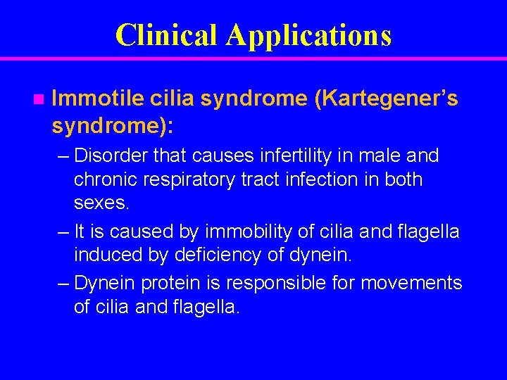 Clinical Applications n Immotile cilia syndrome (Kartegener’s syndrome): – Disorder that causes infertility in