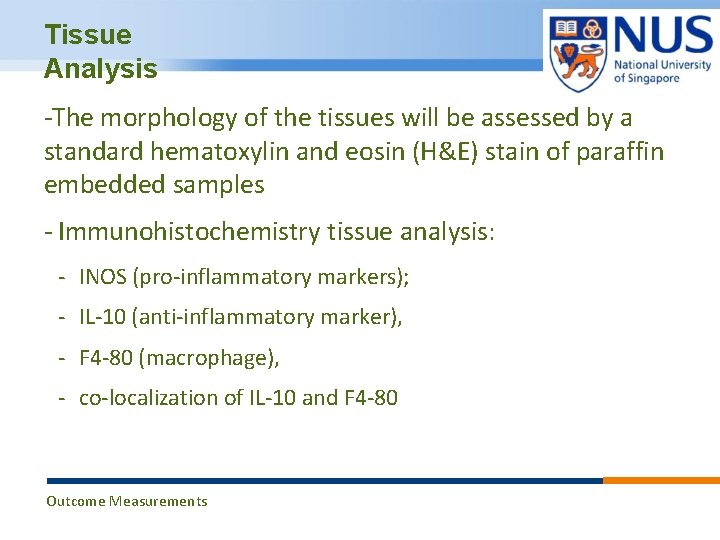 Tissue Analysis -The morphology of the tissues will be assessed by a standard hematoxylin