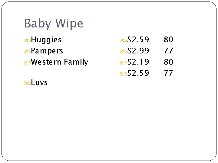 Baby Wipe Huggies $2. 59 Western Family $2. 19 Pampers Luvs $2. 99 $2.