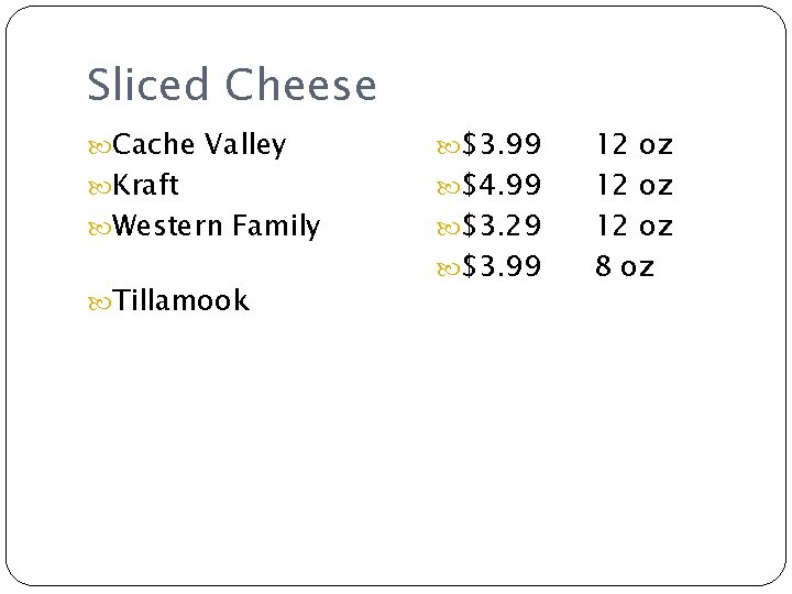Sliced Cheese Cache Valley $3. 99 Western Family $3. 29 Kraft Tillamook $4. 99