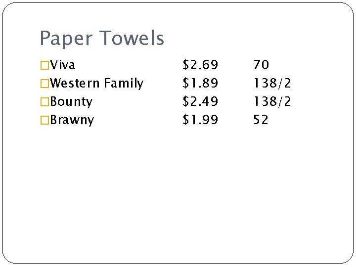 Paper Towels �Viva �Western Family �Bounty �Brawny $2. 69 $1. 89 $2. 49 $1.