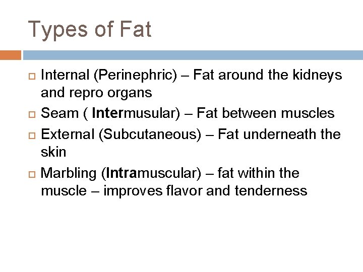 Types of Fat Internal (Perinephric) – Fat around the kidneys and repro organs Seam
