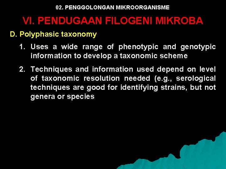 02. PENGGOLONGAN MIKROORGANISME VI. PENDUGAAN FILOGENI MIKROBA D. Polyphasic taxonomy 1. Uses a wide