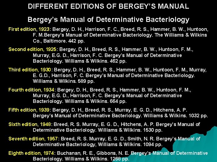 DIFFERENT EDITIONS OF BERGEY’S MANUAL Bergey’s Manual of Determinative Bacteriology First edition, 1923: Bergey,