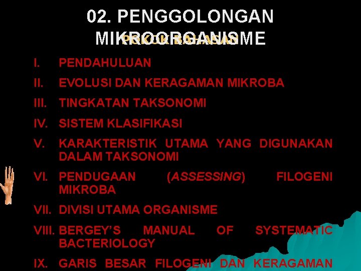 02. PENGGOLONGAN POKOK BAHASAN MIKROORGANISME I. PENDAHULUAN II. EVOLUSI DAN KERAGAMAN MIKROBA III. TINGKATAN