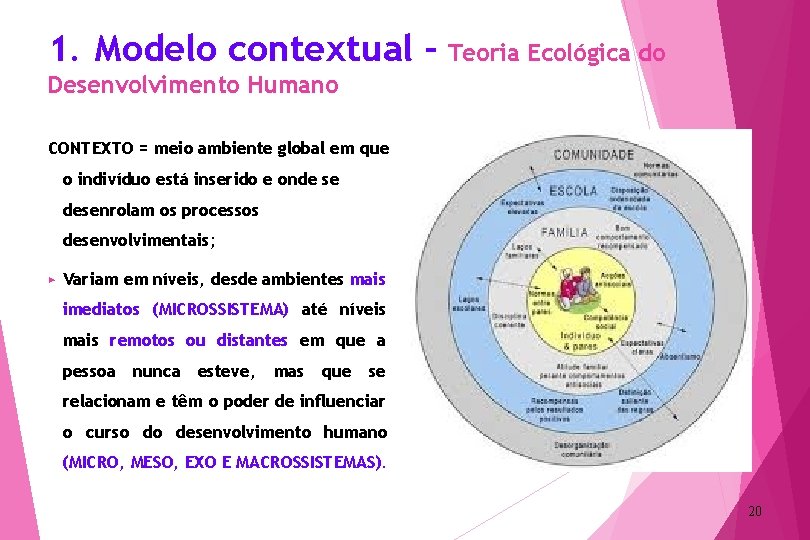 1. Modelo contextual - Teoria Ecológica do Desenvolvimento Humano CONTEXTO = meio ambiente global