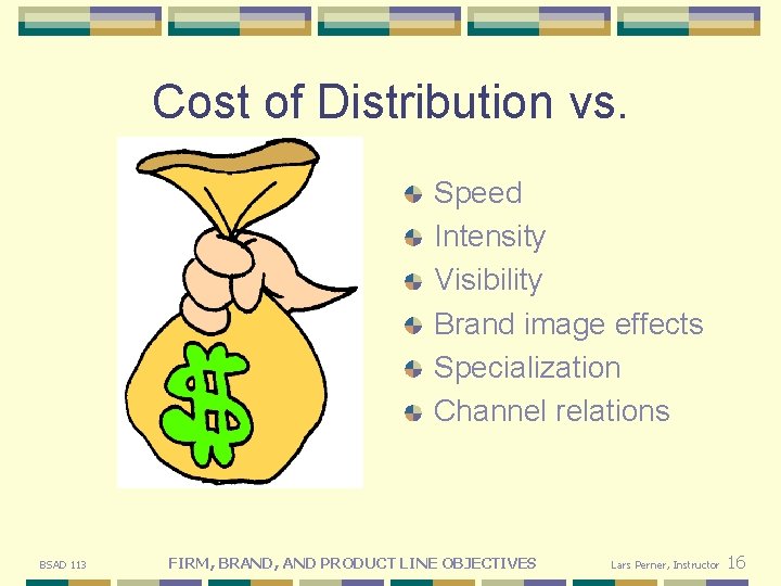 Cost of Distribution vs. Speed Intensity Visibility Brand image effects Specialization Channel relations BSAD