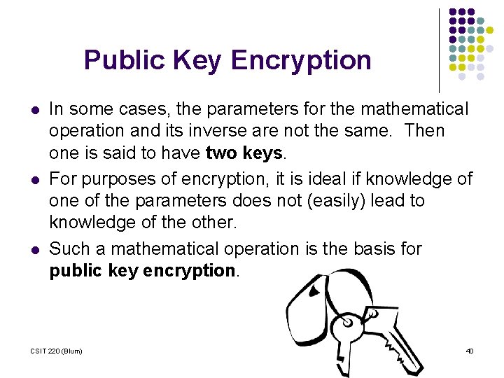 Public Key Encryption l l l In some cases, the parameters for the mathematical