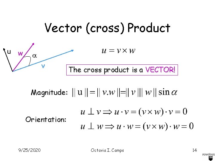 Vector (cross) Product u w v The cross product is a VECTOR! Magnitude: Orientation: