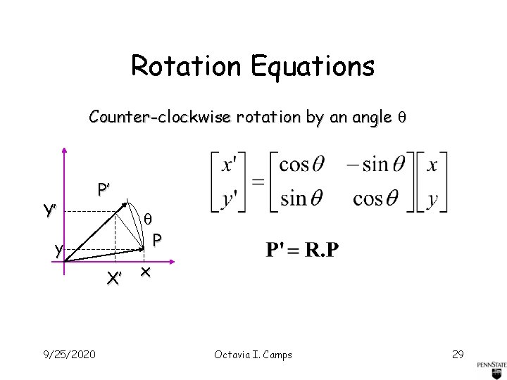 Rotation Equations Counter-clockwise rotation by an angle Y’ P’ P y X’ 9/25/2020 x