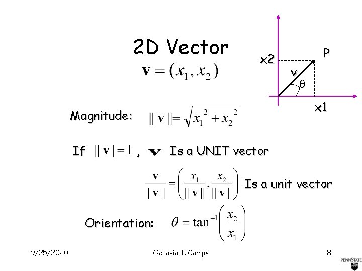 2 D Vector x 2 v x 1 Magnitude: If P Is a UNIT