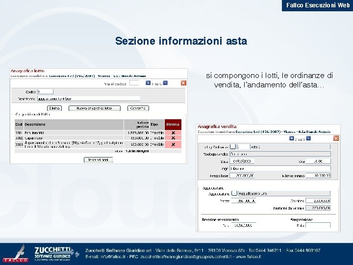 Fallco Esecuzioni Web Sezione informazioni asta si compongono i lotti, le ordinanze di vendita,