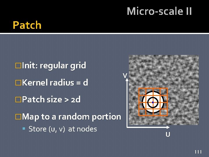 Patch �Init: regular grid �Kernel radius = d Micro-scale II V �Patch size >