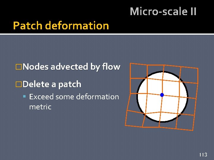 Patch deformation Micro-scale II �Nodes advected by flow �Delete a patch Exceed some deformation