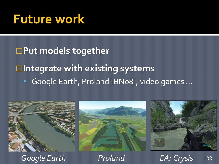 Future work �Put models together �Integrate with existing systems Google Earth, Proland [BN 08],