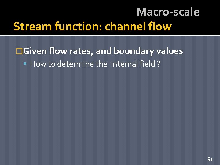 Macro-scale Stream function: channel flow �Given flow rates, and boundary values How to determine
