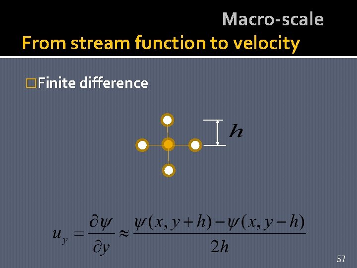 Macro-scale From stream function to velocity �Finite difference 57 