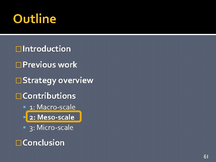 Outline �Introduction �Previous work �Strategy overview �Contributions 1: Macro-scale 2: Meso-scale 3: Micro-scale �Conclusion