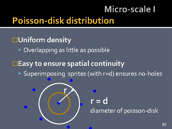 Micro-scale I Poisson-disk distribution �Uniform density Overlapping as little as possible �Easy to ensure