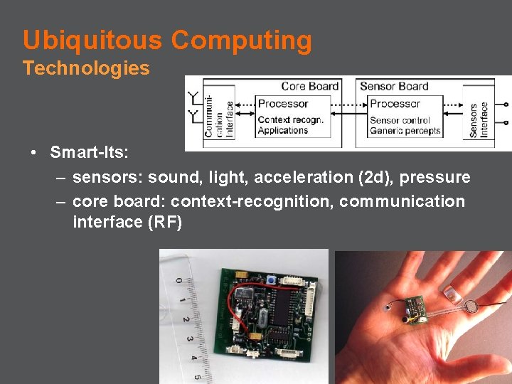 Ubiquitous Computing Technologies • Smart-Its: – sensors: sound, light, acceleration (2 d), pressure –