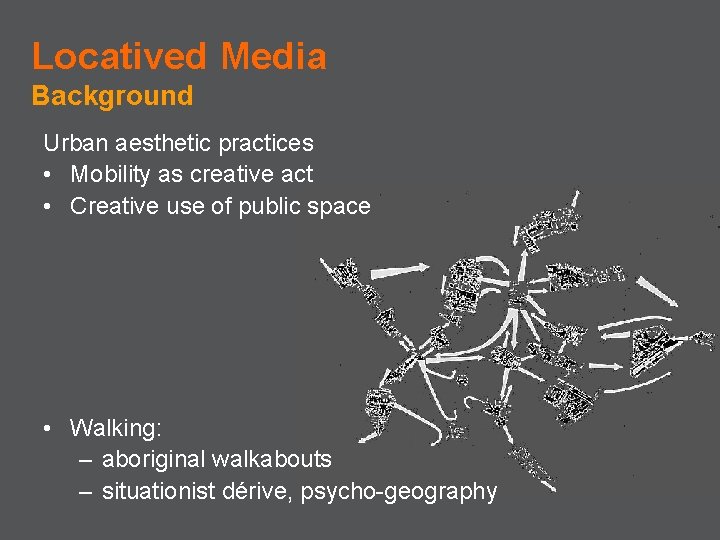 Locatived Media Background Urban aesthetic practices • Mobility as creative act • Creative use