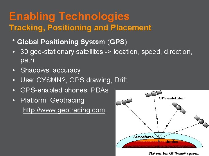 Enabling Technologies Tracking, Positioning and Placement * Global Positioning System (GPS) • 30 geo-stationary