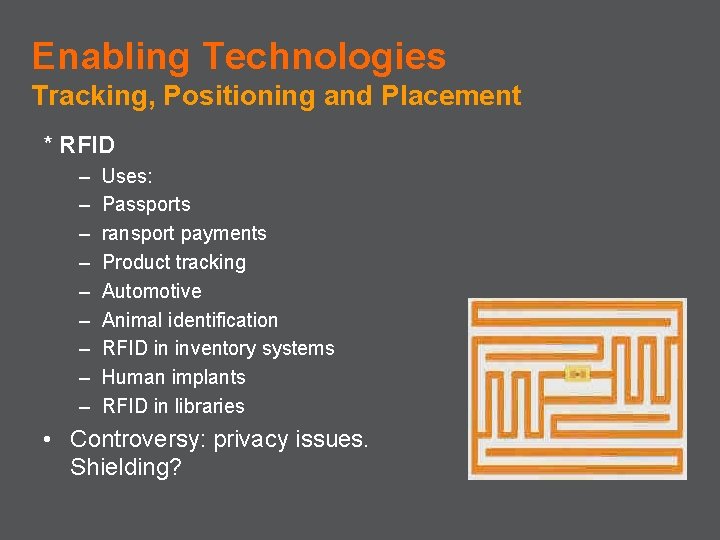 Enabling Technologies Tracking, Positioning and Placement * RFID – – – – – Uses: