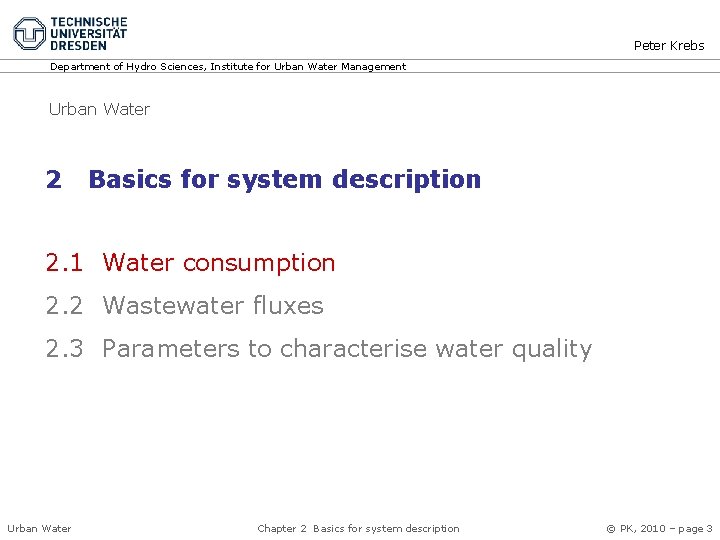 Department of Hydro Sciences Institute for Urban Water